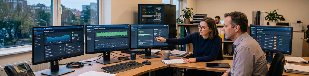 Outsourced IT specialist monitoring cybersecurity risks for a small business