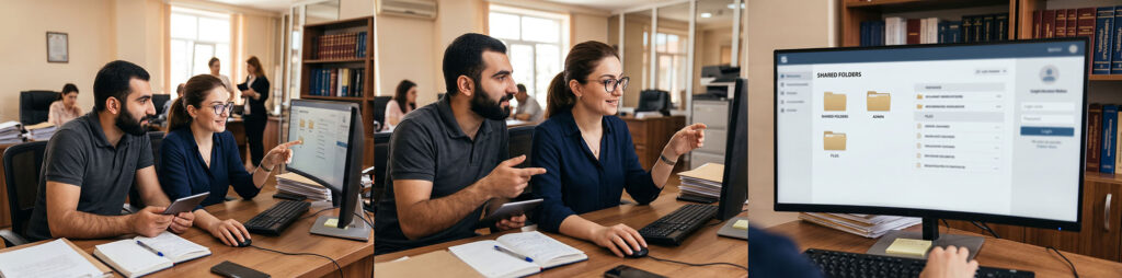 Document Access Support for Law Firms › TECHBLEED Law office employee and IT specialist reviewing document access on a computer