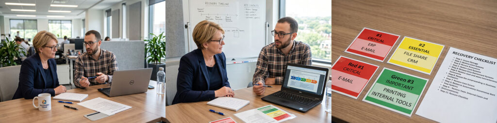 Law Firm IT Recovery Planning › TECHBLEED Office manager and IT specialist reviewing a system recovery checklist