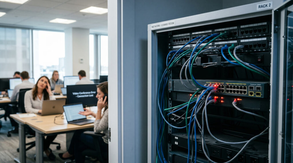 Office network rack and employee devices during server and application troubleshooting
