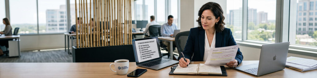 What's Included in Managed IT Services for Businesses › TECHBLEED Business owner reviewing a managed IT services plan with cybersecurity, cloud management, help desk support, backup, and network monitoring for a small business.