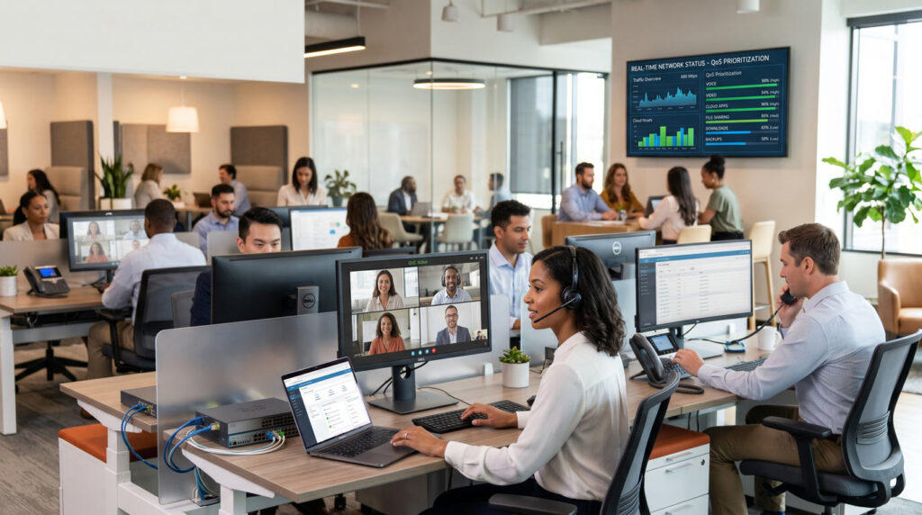 Business network configuration monitoring for video calls and office traffic