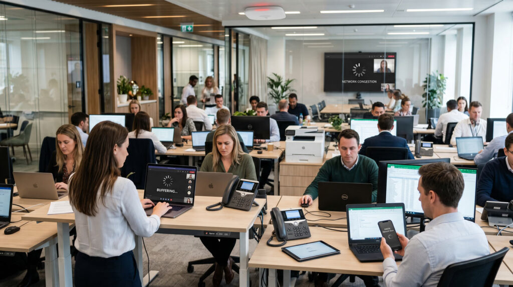 Overloaded office switches routers and network equipment causing performance bottlenecks