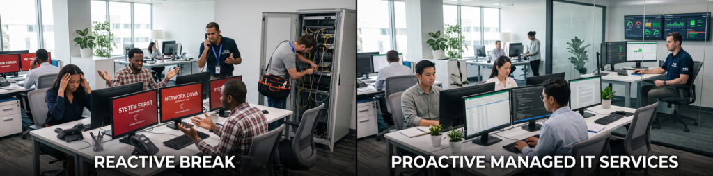 Proactive Managed IT Services Prevent Business Downtime › TECHBLEED IT professional proactively monitoring business servers, cybersecurity, backups, and network performance while employees work without interruptions.