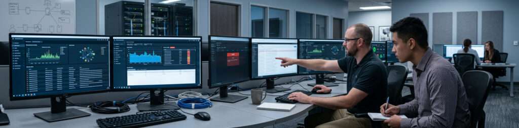 Managed IT team monitoring remote access logins security alerts and business network performance