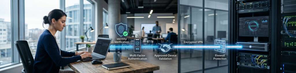 VPN connection supported by identity MFA device security and network monitoring