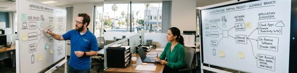 What-the-Business-Depends-On › TECHBLEED Employee and IT specialist reviewing business devices and account access