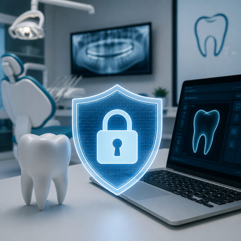 Glowing shield with a lock representing dental data protection on a laptop in a dental clinic.