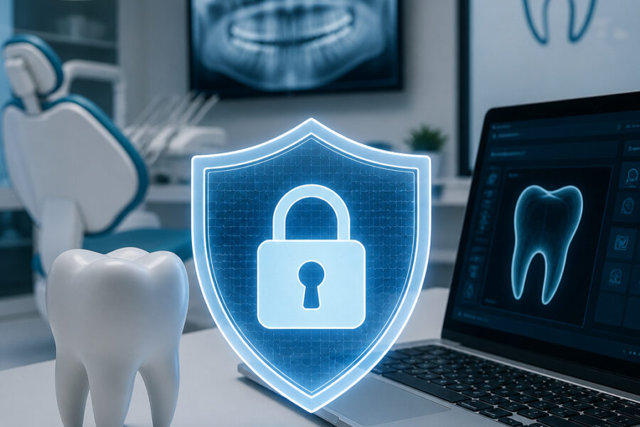 Glowing shield with a lock representing dental data protection on a laptop in a dental clinic.