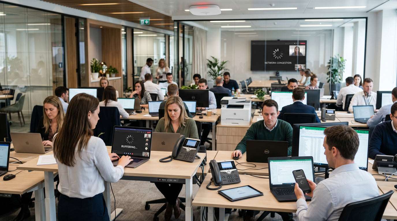 Overloaded office switches routers and network equipment causing performance bottlenecks