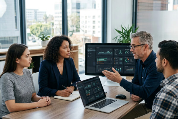 Managed IT Warning Signs for Small Businesses › TECHBLEED Small business team reviewing recurring IT problems with an IT specialist