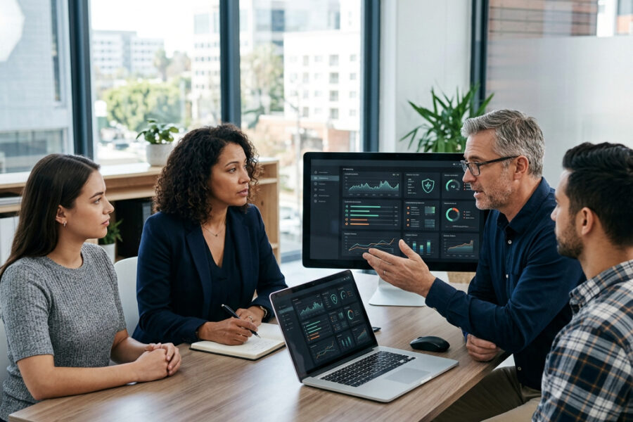Small business team reviewing recurring IT problems with an IT specialist