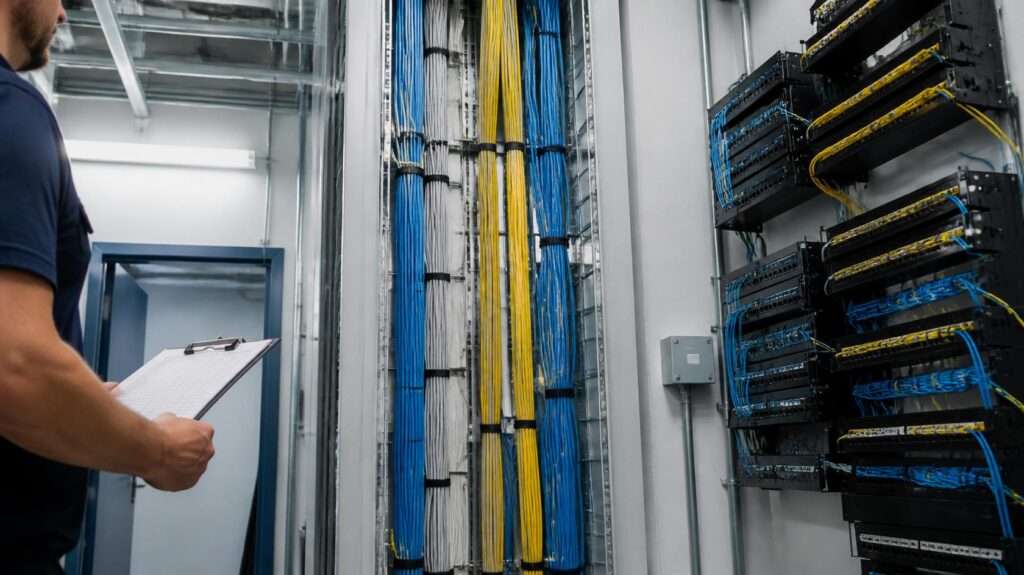 What Is Riser Management › TECHBLEED Organized telecom riser room with labeled cables in a commercial office building
