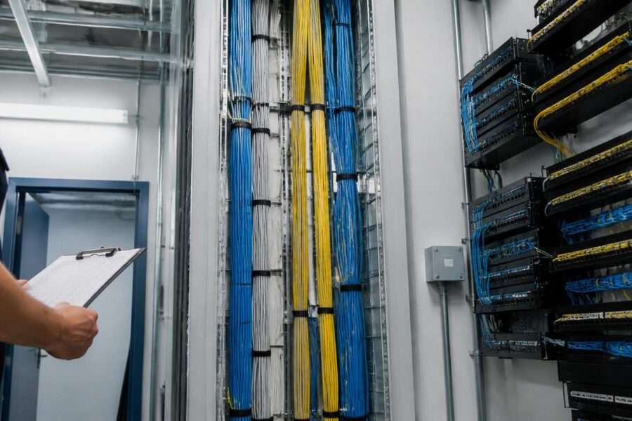 Organized telecom riser room with labeled cables in a commercial office building