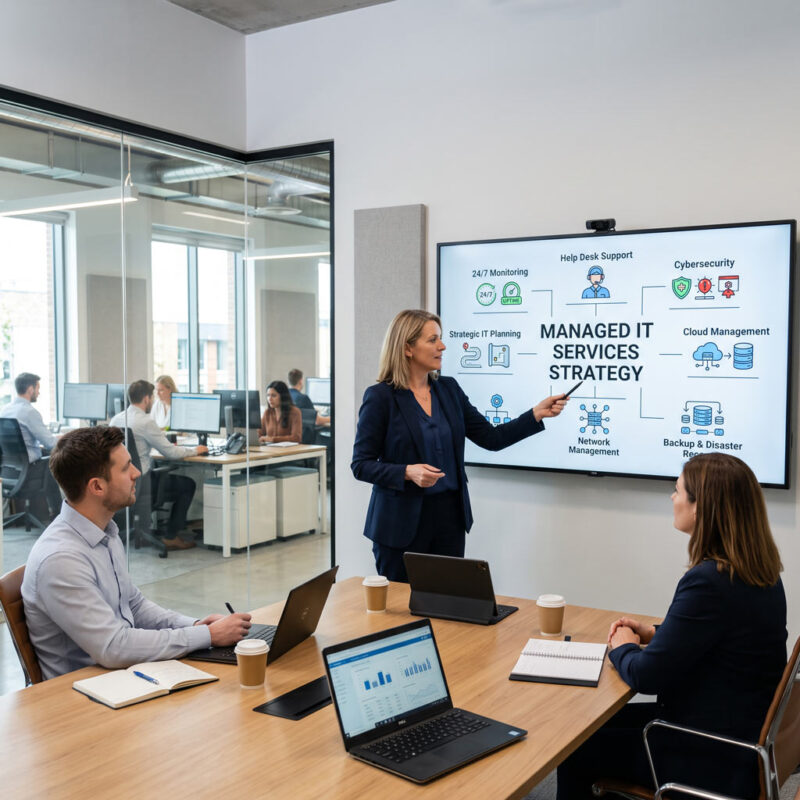 Business owner reviewing a complete managed IT services plan including cybersecurity, help desk support, cloud management, backup, network monitoring, and strategic IT planning.