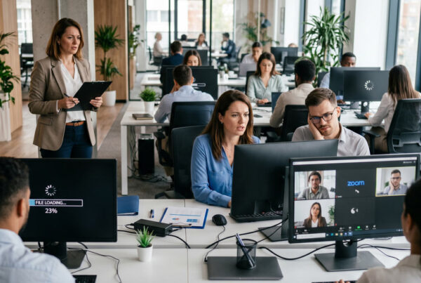 Why Is My Office Network Slow? › TECHBLEED Why is my office network slow? Employees experiencing buffering in a busy workplace