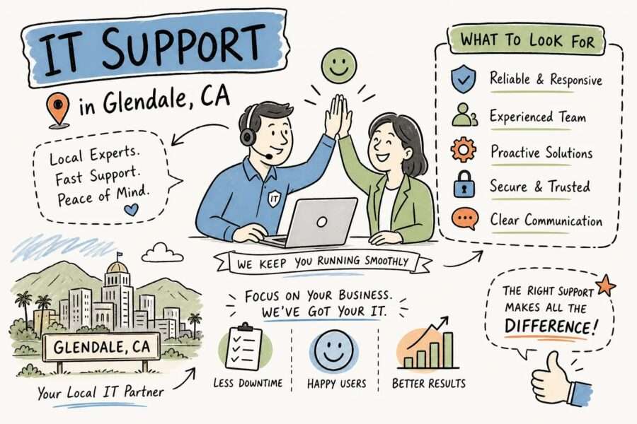 IT support illustration showing a local Glendale, CA IT partner team high-fiving over a laptop scene with cityscape and ‘Glendale, CA’ sign, conveying reliable local support.