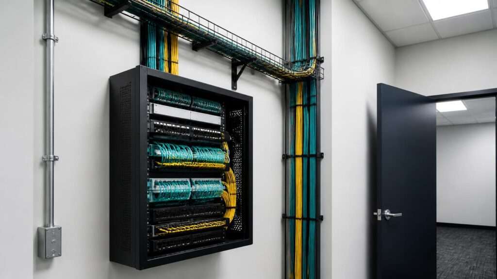 building-telecom-room-riser › TECHBLEED Organized telecom room with labeled network cabling in a commercial building