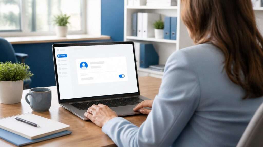 Disabling a Former Employee Account › TECHBLEED Office manager disabling a former employee's business account on a laptop