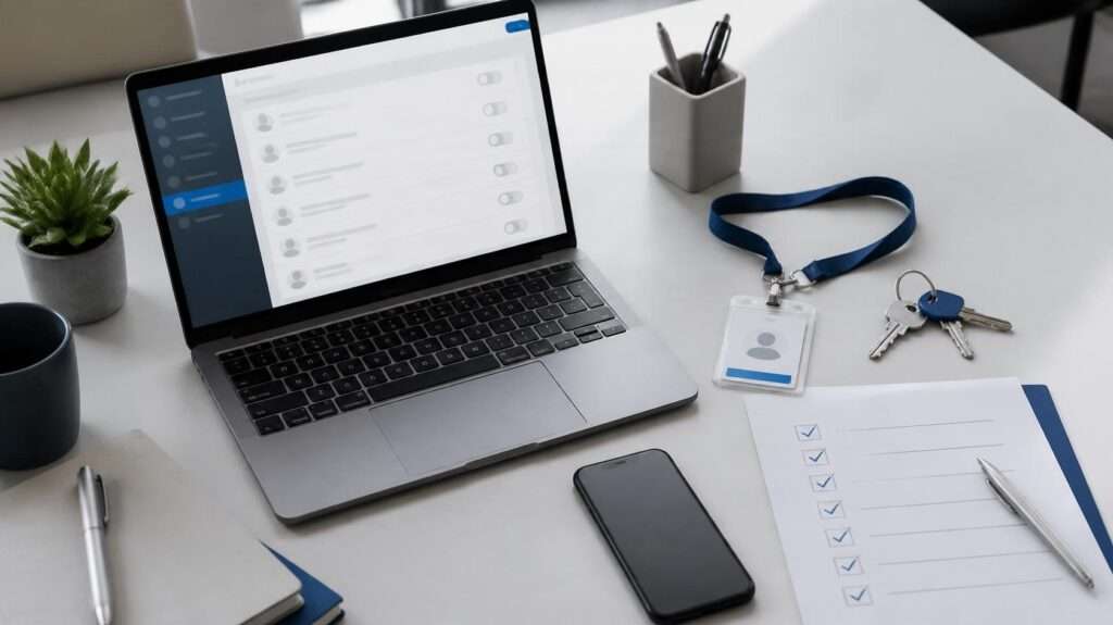 Employee IT Offboarding Checklist › TECHBLEED Employee IT offboarding checklist with laptop, badge, phone and office keys