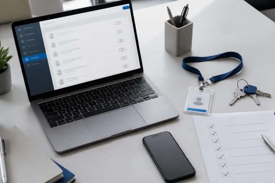 Employee IT offboarding checklist with laptop, badge, phone and office keys