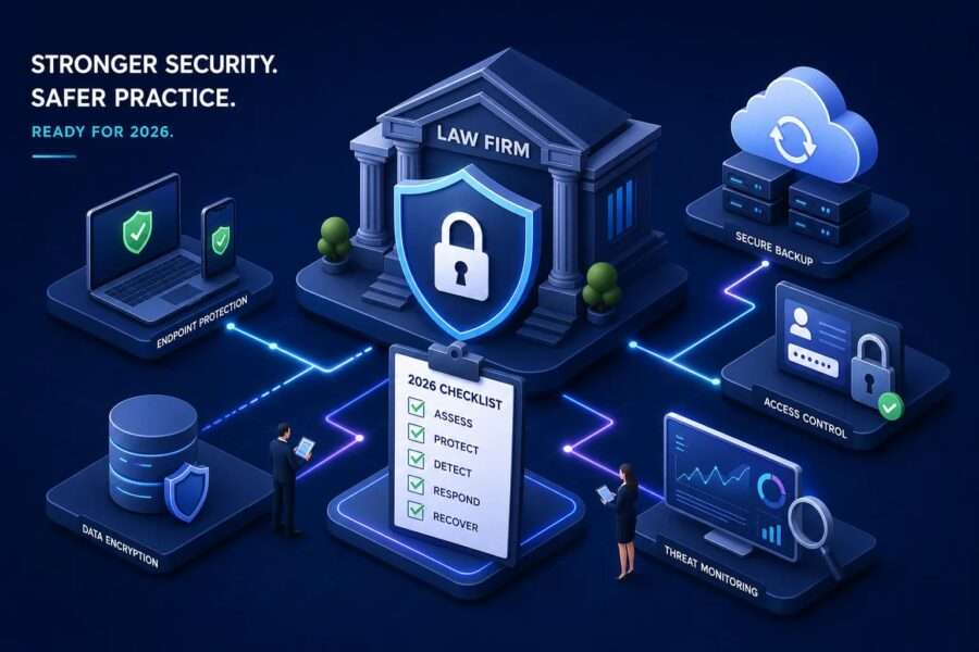 Isometric security infographic: a law firm building with a shield, connected to data encryption, endpoint protection, access control, and cloud backup.