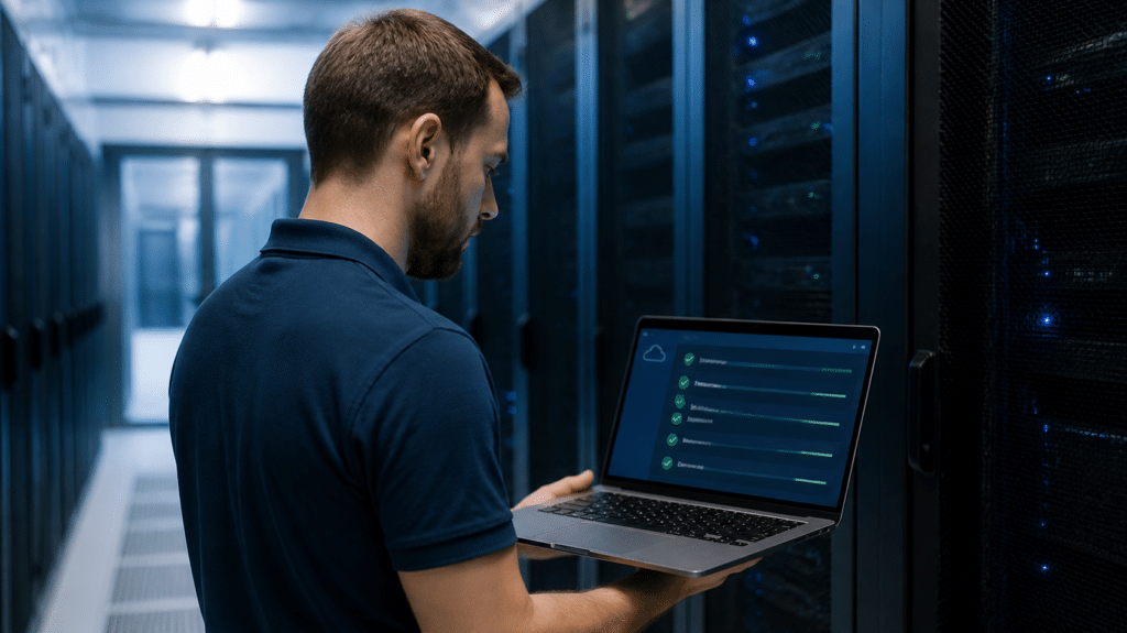 Microsoft 365 Backup Options › TECHBLEED IT technician reviewing Microsoft 365 backup status on a laptop