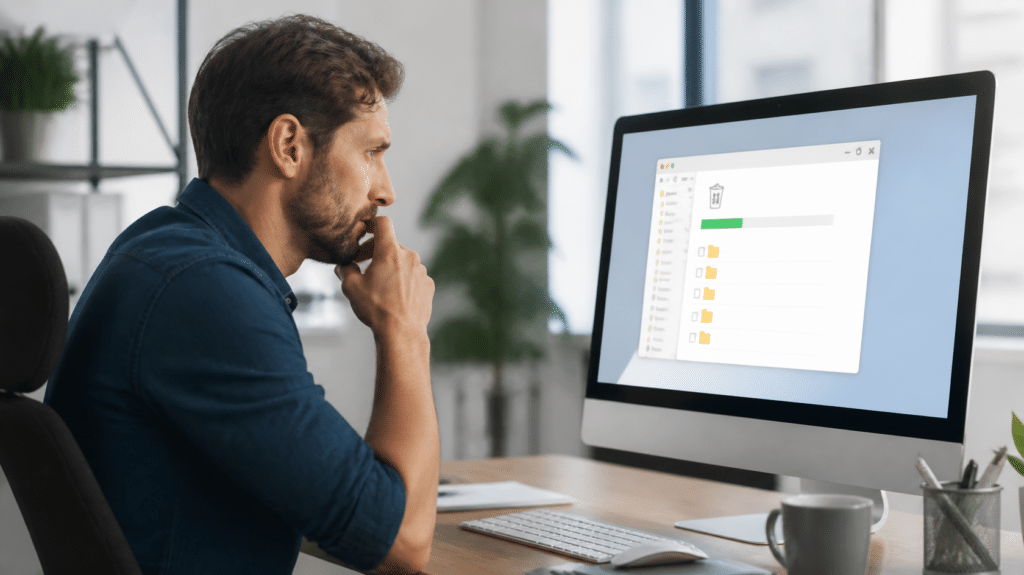 Microsoft 365 Deleted Data Retention › TECHBLEED Office worker restoring a deleted file from a cloud recycle bin