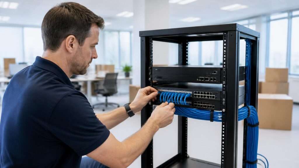 new-office-it-setup-checklist › TECHBLEED IT technician setting up network equipment in a new office