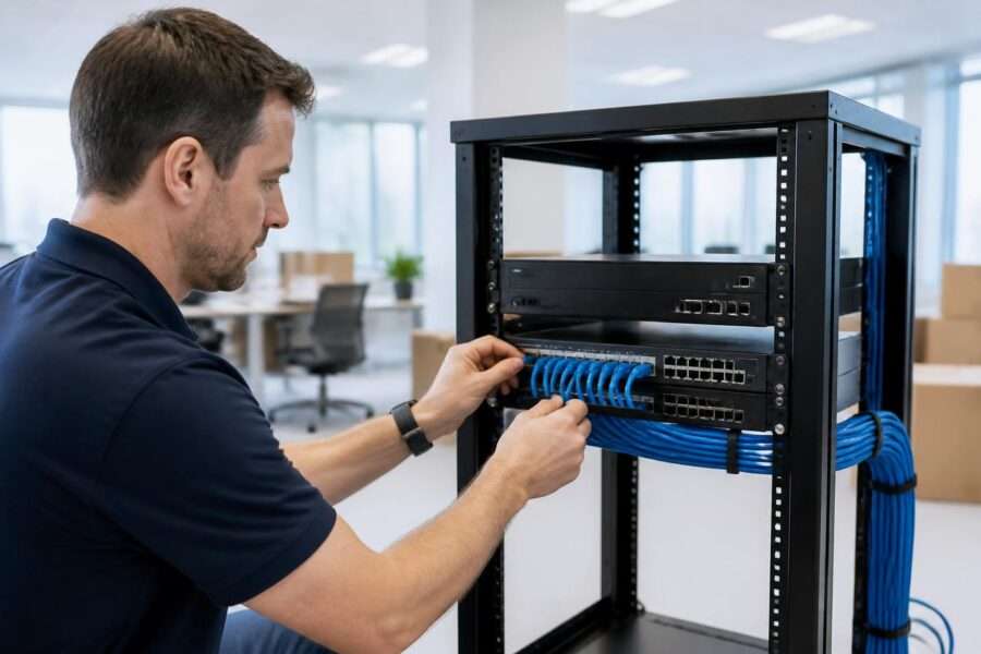 IT technician setting up network equipment in a new office