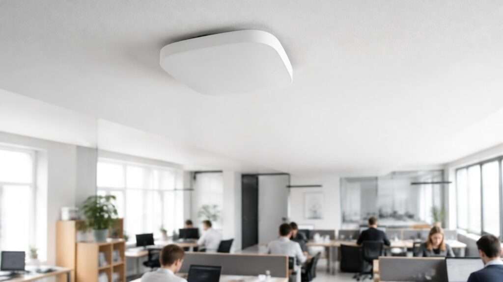 office-wifi-access-point-setup › TECHBLEED Wireless access point mounted on the ceiling of a modern office